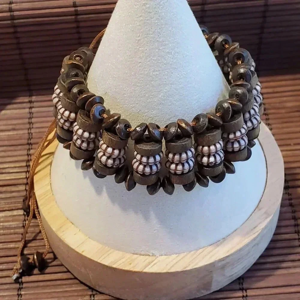 90s Y2K Vintage Brown Wood Acrylic Rondelle Beads OSFA Adjustable Bracelet